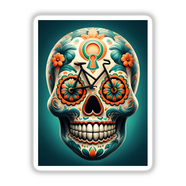 Spooky skeleton artwork featuring a skull adorned with flowers and a bicycle, available as stickers or digital artwork from Decal Venue.