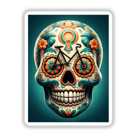 Spooky skeleton artwork featuring a skull adorned with flowers and a bicycle, available as stickers or digital artwork from Decal Venue.