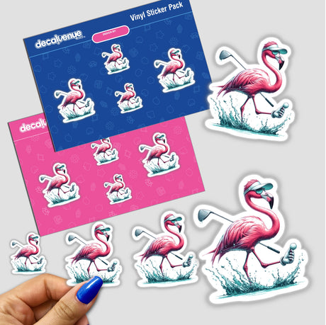 Flamingo Splash Golfer sticker featuring a cartoon flamingo with a golf club. A hand with blue nail polish holds the sticker, part of a playful flamingo-themed sticker pack.