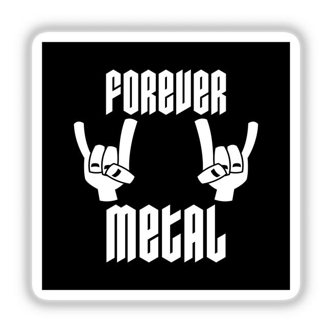 Forever Metal Heavy Metal Devil Horns Hand Gesture in White, depicted in a black and white design, available as stickers or digital artwork, showcasing unique graphic design elements from Decal Venue.