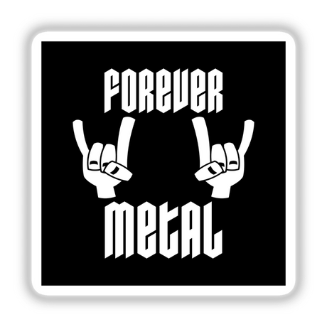 Forever Metal Heavy Metal Devil Horns Hand Gesture in White, depicted in a black and white design, available as stickers or digital artwork, showcasing unique graphic design elements from Decal Venue.