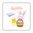 Easter Eggcitement Sticker: Cartoon of a bunny and chick in a basket filled with eggs, perfect as unique vinyl stickers or digital art from Decal Venue.