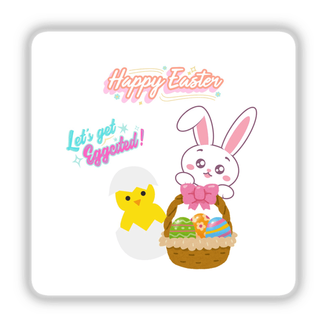 Easter Eggcitement Sticker: Cartoon of a bunny and chick in a basket filled with eggs, perfect as unique vinyl stickers or digital art from Decal Venue.