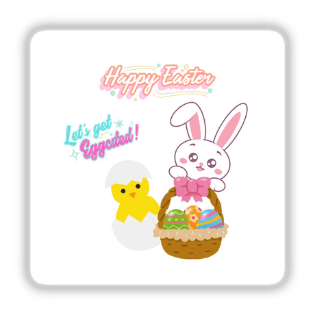 Easter Eggcitement Sticker: Cartoon of a bunny and chick in a basket filled with eggs, perfect as unique vinyl stickers or digital art from Decal Venue.