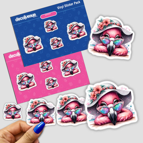 Sticker of a cartoon flamingo titled Beach Flamingo Getting her Tan On, featuring the bird in a hat and sunglasses, available as stickers or digital artwork.