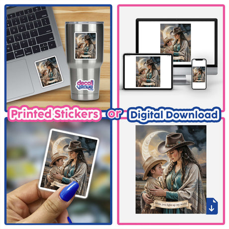 Boho Mystical Western Mother’s Day Sticker and Clipart featuring a laptop adorned with the Moonlit Maternal Glow design, showcasing a blend of mystical and maternal themes.