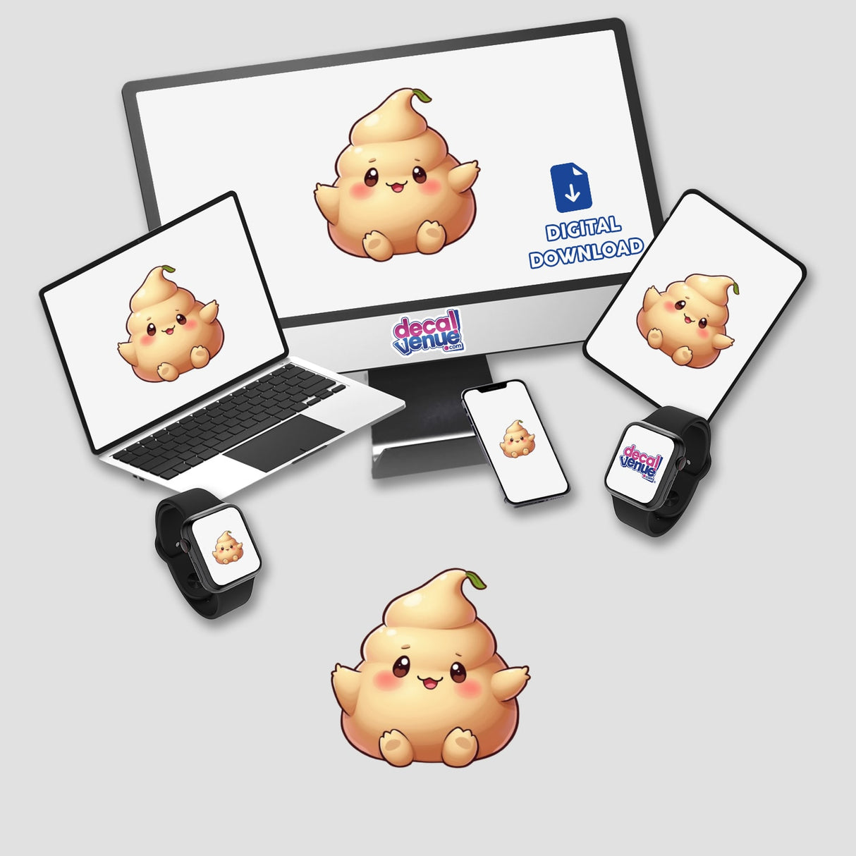 Kawaii Peach Mochi Sticker featuring adorable cartoon poop characters displayed on a laptop and monitor, available as stickers or digital artwork from Decal Venue.