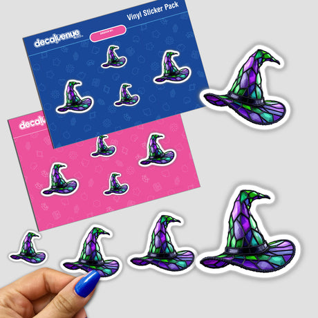 Witch Hat Stained Glass Style stickers featuring a colorful hat with a black band, ideal for unique decoration. Available as stickers or digital artwork from Decal Venue.