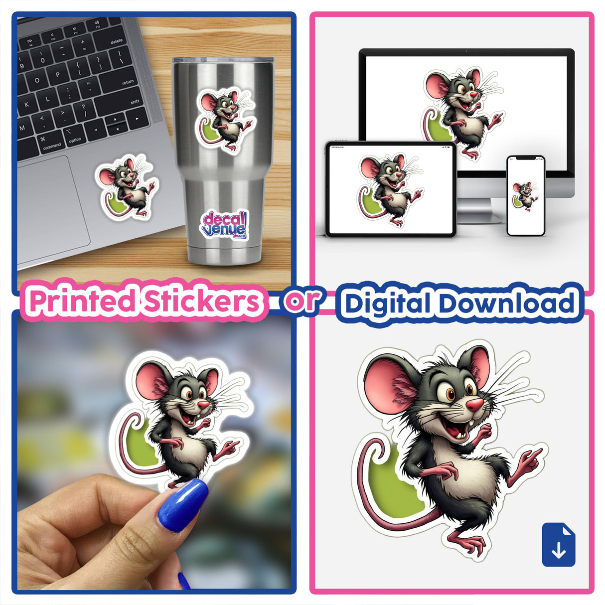 Rato Brincalhão laptop sticker: a cartoon mouse pointing at something affixed to a computer laptop.