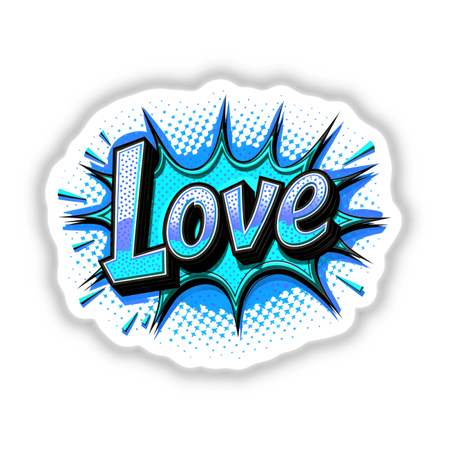 Love Valentine's Day sticker featuring a bold, comic book style design in blue tones, capturing a dynamic and artistic flair, available at Decal Venue for unique sticker and digital art enthusiasts.