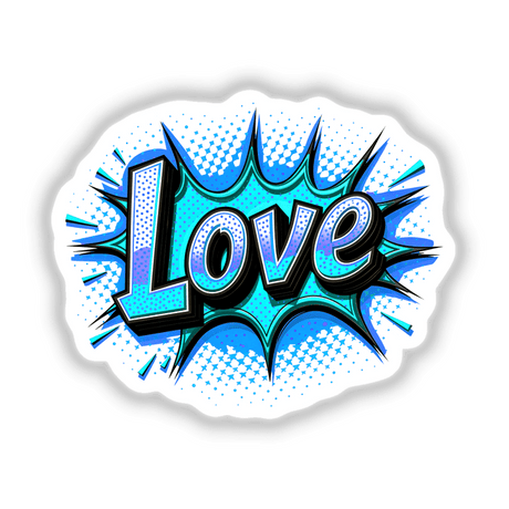Love Valentine's Day sticker featuring a bold, comic book style design in blue tones, capturing a dynamic and artistic flair, available at Decal Venue for unique sticker and digital art enthusiasts.