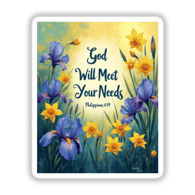 Fauvist Spring Daffodil “God Will Meet Your Needs” Philippians 4:19 sticker or clipart featuring vibrant flowers and text, embodying unique artistic flair, ideal for stickers or digital artwork.