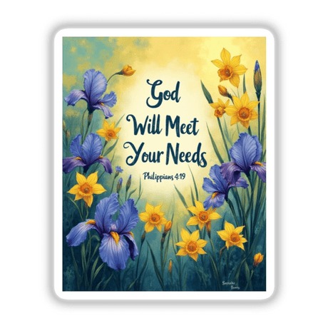 Fauvist Spring Daffodil “God Will Meet Your Needs” Philippians 4:19 sticker or clipart featuring vibrant flowers and text, embodying unique artistic flair, ideal for stickers or digital artwork.