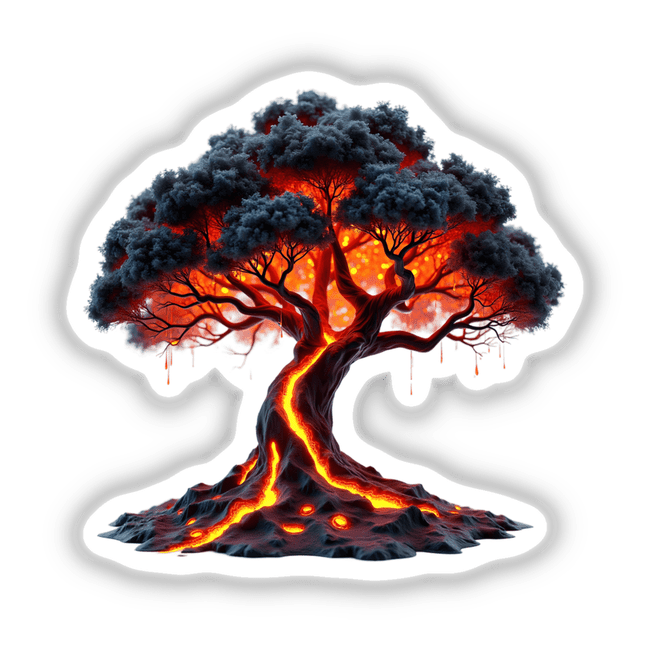 Molten Lava Tree artwork featuring a tree with lava flowing from its trunk and branches, depicted as either stickers or digital artwork.