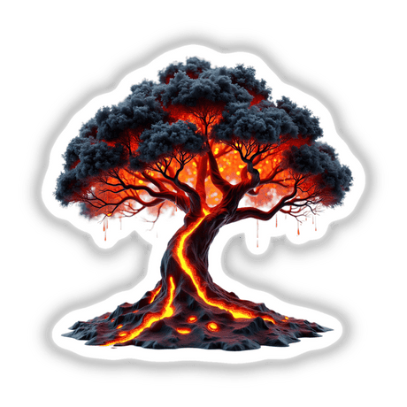 Molten Lava Tree artwork featuring a tree with lava flowing from its trunk and branches, depicted as either stickers or digital artwork.