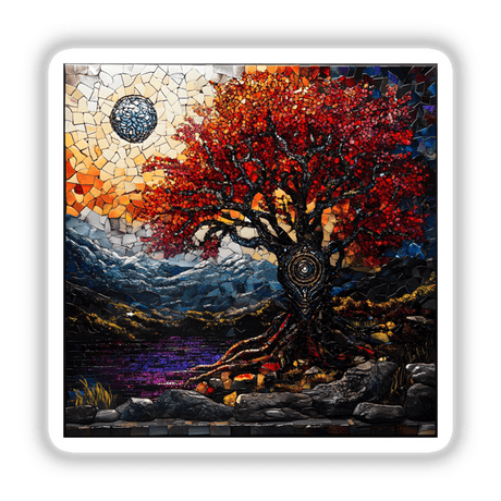 Majestic Tree with Runes Mosaic, featuring a vibrant tree with red leaves in mosaic art, available as stickers or digital artwork.