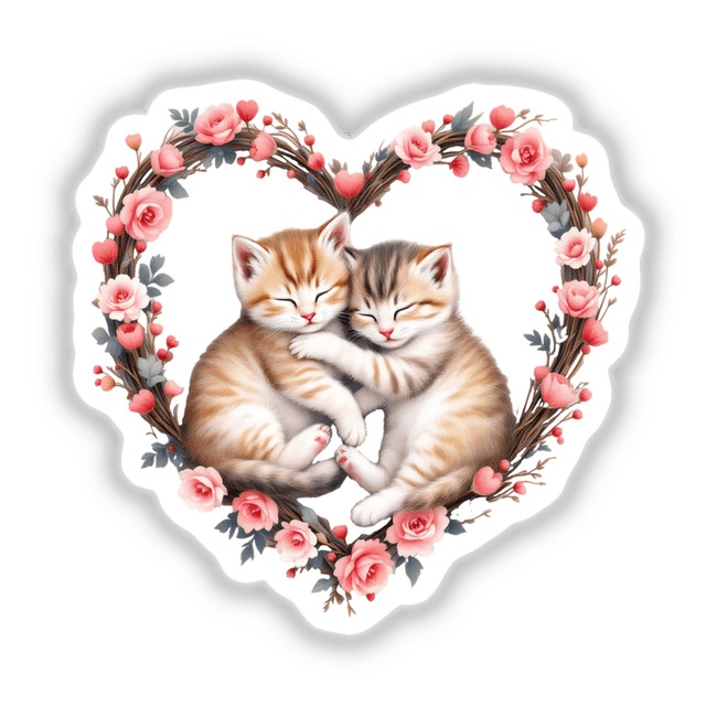 Snuggling Kittens in a Heart Wreath depicting two cats embracing within a floral heart frame, ideal for vinyl stickers or digital art, capturing warmth and love for cat enthusiasts.