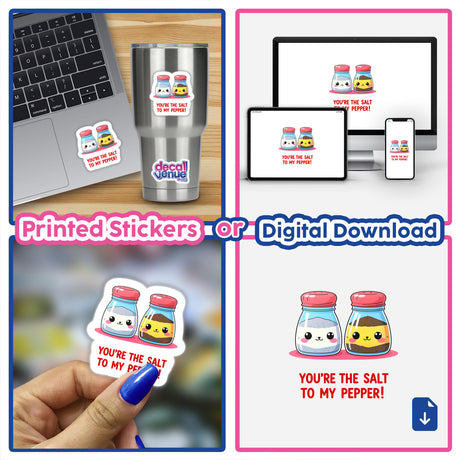 You're The Salt To My Pepper Funny Love Quote stickers featuring cartoon salt and pepper shakers, shown on a laptop and silver cup, available as vinyl stickers or digital artwork.