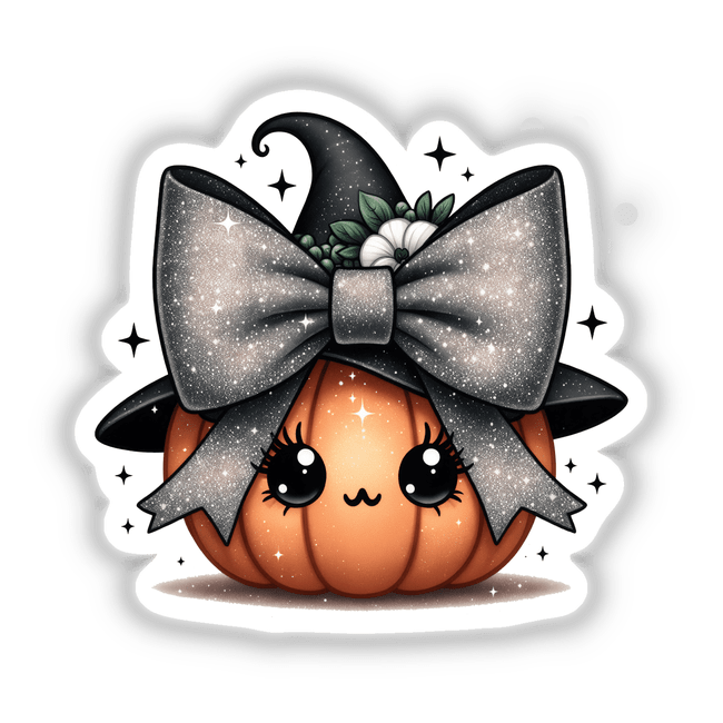 Cute Glitter Coquette Pumpkin: Cartoon pumpkin adorned with a bow, available as stickers or digital artwork.