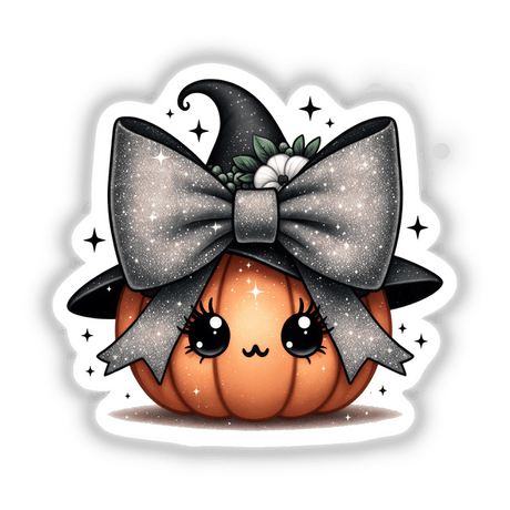 Cute Glitter Coquette Pumpkin: Cartoon pumpkin adorned with a bow, available as stickers or digital artwork.