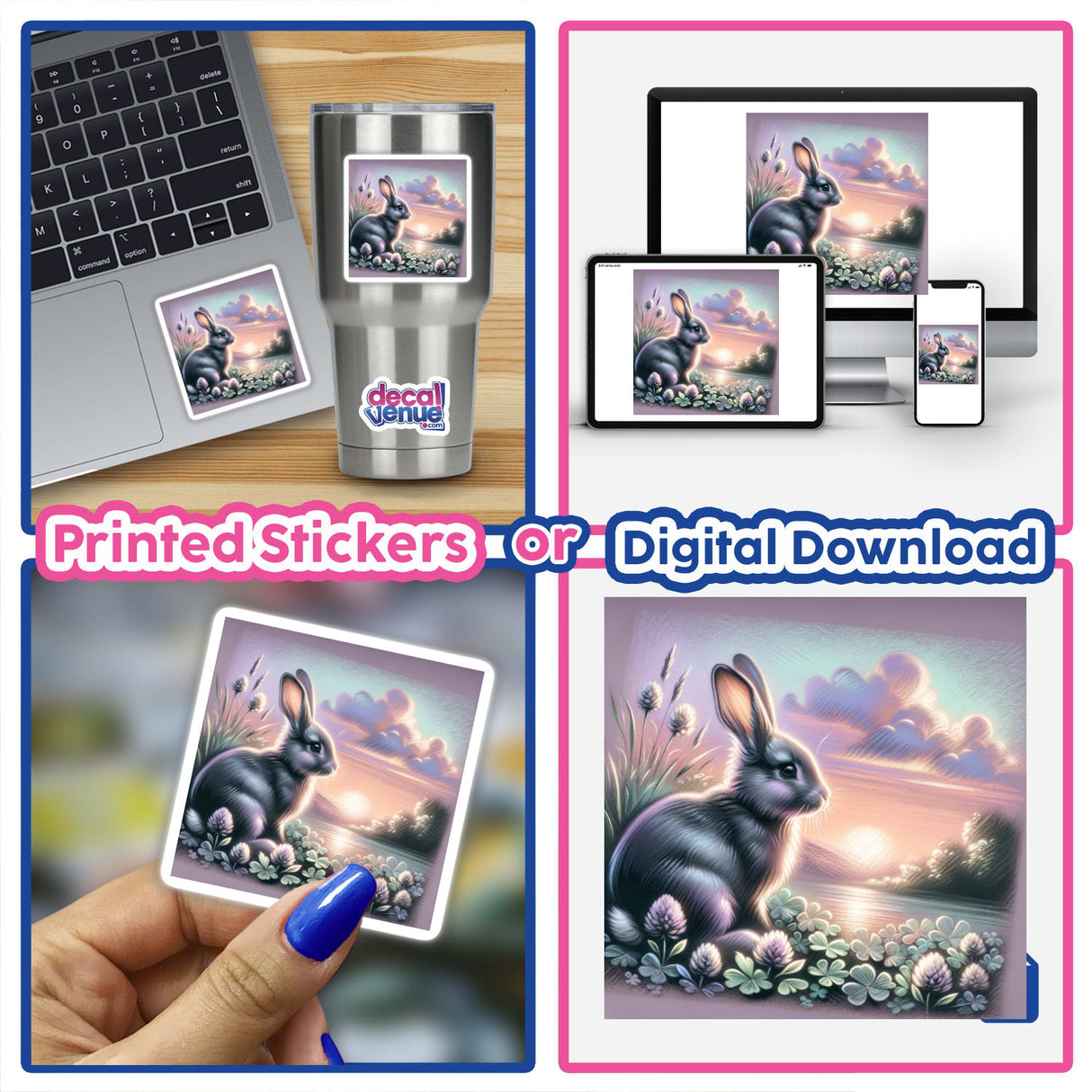 Collage featuring Rabbit on a Clover Patch design, showcasing a laptop adorned with the sticker and a digital artwork of a rabbit in clovers.