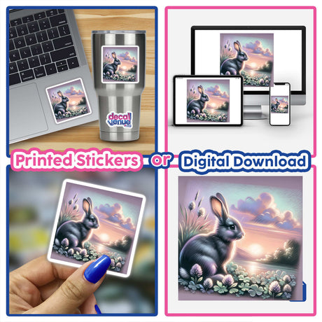 Collage featuring Rabbit on a Clover Patch design, showcasing a laptop adorned with the sticker and a digital artwork of a rabbit in clovers.