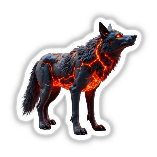 Molten Lava Wolf sticker or digital artwork featuring a black wolf with vibrant lava patterns across its body, capturing a fierce and mystical creature in striking detail.