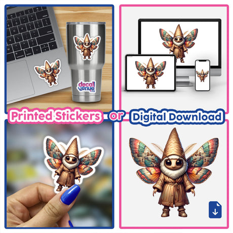 Moth Gnome stickers and digital artwork collage featuring whimsical cartoon characters with wings.