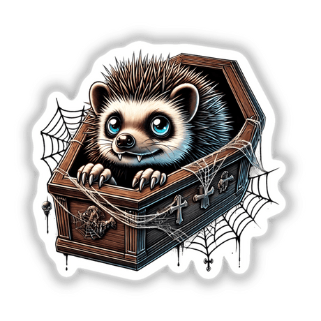 Adorable Hedgehog Peeking from Spooky Coffin - Captivating digital artwork of a cute hedgehog emerging from an ornate coffin surrounded by cobwebs, perfect for Halloween decor.