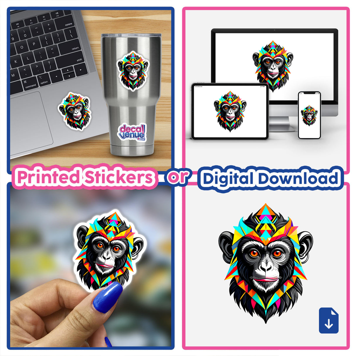 Collage showcasing A Cool Monkey King stickers and digital artwork, featuring a vibrant monkey with a headdress. Includes applications on laptops and cups, emphasizing Decal Venue's unique design offerings.