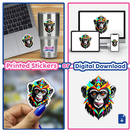 Collage showcasing A Cool Monkey King stickers and digital artwork, featuring a vibrant monkey with a headdress. Includes applications on laptops and cups, emphasizing Decal Venue's unique design offerings.