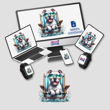 Peeking White Pitbull Sitting in Beach Chair featured on a computer monitor and laptop, available as stickers or digital artwork, showcasing unique vinyl designs from Decal Venue.