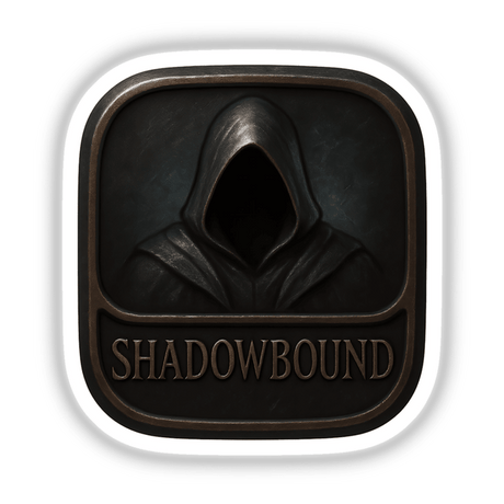 Shadowbound – RPG-Style Skill Badge features intricate dark silver stealth emblem design, available as vinyl sticker or digital artwork, perfect for gamers and collectors seeking unique decor elements.