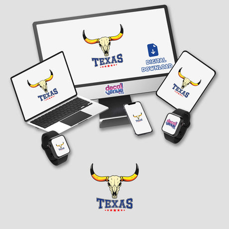 Texas USA Skull Design featuring a cow skull with horns displayed on a computer monitor, laptop, and phone. Available as stickers or digital artwork from Decal Venue.