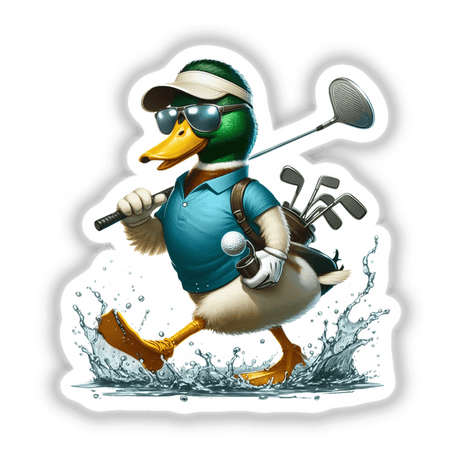 Sporty Mallard Duck Going Golfing: A cartoon duck in a golf outfit, sunglasses, and visor, holding a golf club. Available as stickers or digital artwork from Decal Venue.