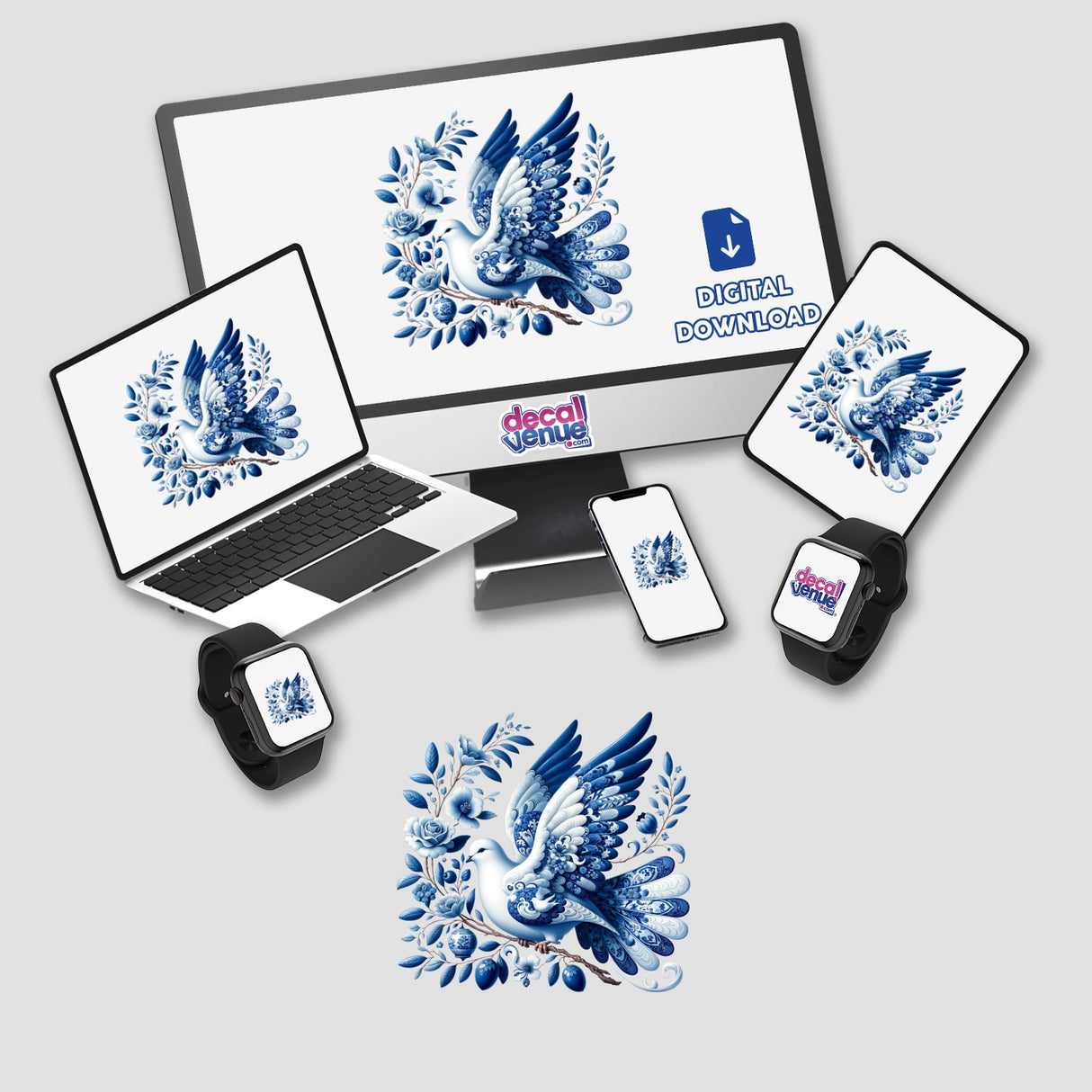 Chinoiserie Dove with Olive Branch design displayed on a computer monitor and laptop, available as stickers or digital artwork.