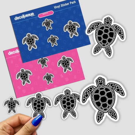 White Outline Sea Turtle Design stickers displayed on a surface, showcasing intricate black and white turtle illustrations. Available as physical stickers or digital artwork, reflecting Decal Venue's unique vinyl sticker collection.