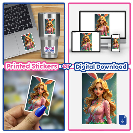 A Cute Easter Bunny Girl cartoon, featuring a woman with long blonde hair and bunny ears, available as stickers or digital artwork from Decal Venue.