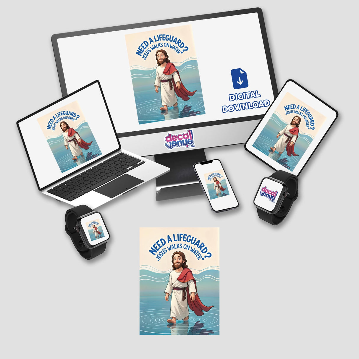 Need A Lifeguard? Jesus Walks On Water Funny Quote displayed on a laptop and tablet, featuring cartoon imagery of Jesus walking in water, available as stickers or digital artwork.