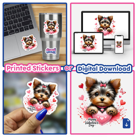 Valentine's Day Yorkie Dog Splatter Hearts sticker on a laptop, featuring a Yorkshire Terrier surrounded by vibrant splattered hearts. Perfect for expressing love and companionship.