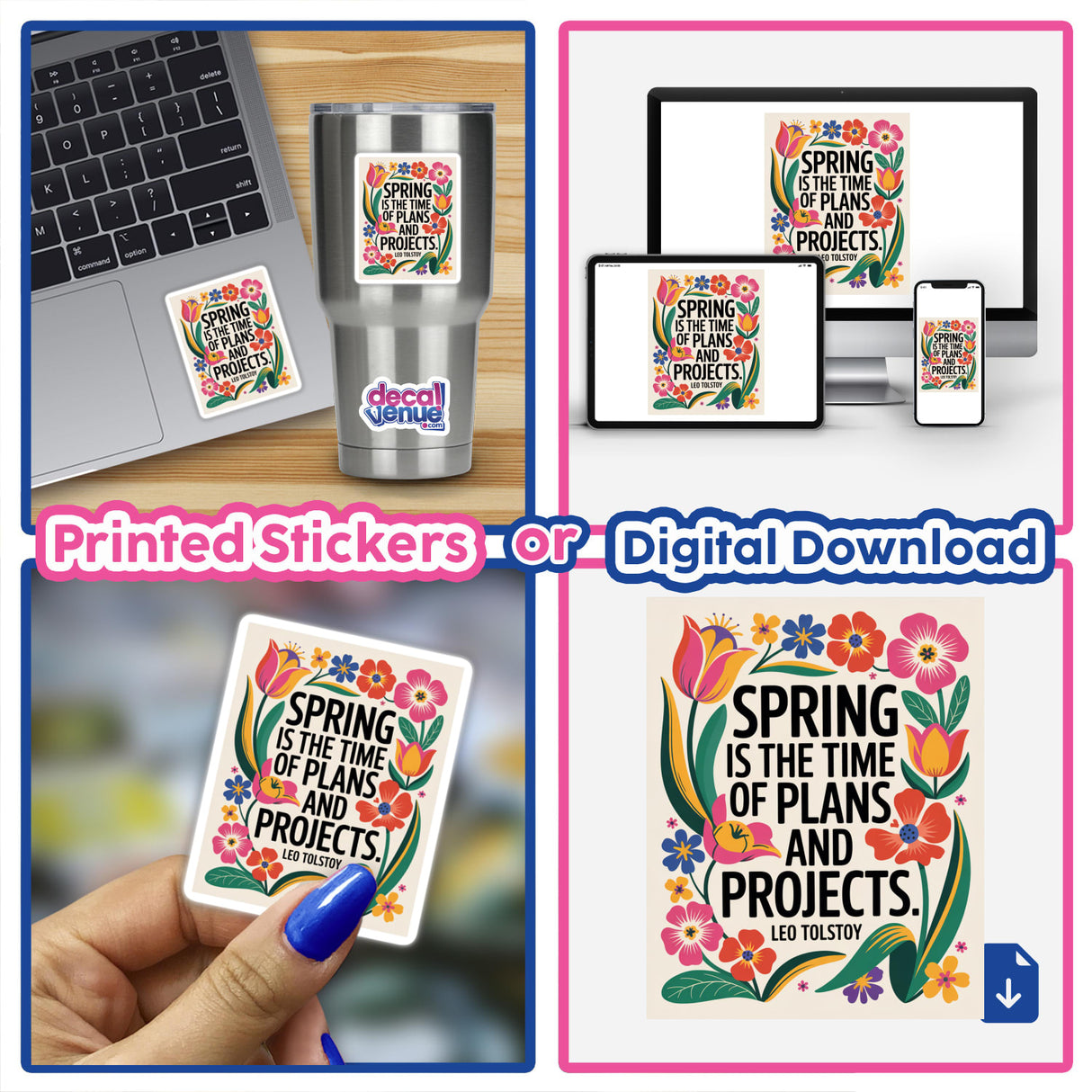 Spring Plans Tolstoy Quote Sticker featuring Fauvist Floral Clipart, shown on a laptop. This product is available as stickers or digital artwork with commercial rights, highlighting Decal Venue's unique offerings.