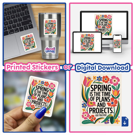 Spring Plans Tolstoy Quote Sticker featuring Fauvist Floral Clipart, shown on a laptop. This product is available as stickers or digital artwork with commercial rights, highlighting Decal Venue's unique offerings.