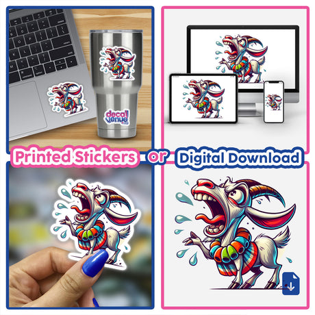 Overdramatic Goat Yelling seen as a collage of cartoon goat stickers, a person applying a sticker, and digital art on a laptop, offered by Decal Venue.