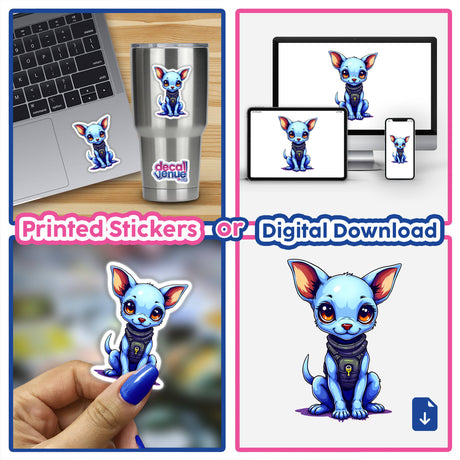 Printed stickers and digital download options featuring a cute blue dog in a space-themed outfit, shown on laptops, tumblers, and devices.