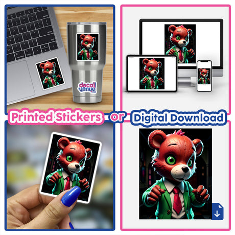 Collage featuring a Macabre Scary Bear cartoon character on a laptop and sticker, highlighting unique vinyl decals and digital art offerings from Decal Venue.