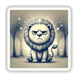 Grumpy Lion in the Forest: A cartoon lion with a grumpy expression sitting amid trees, available as stickers or digital artwork.