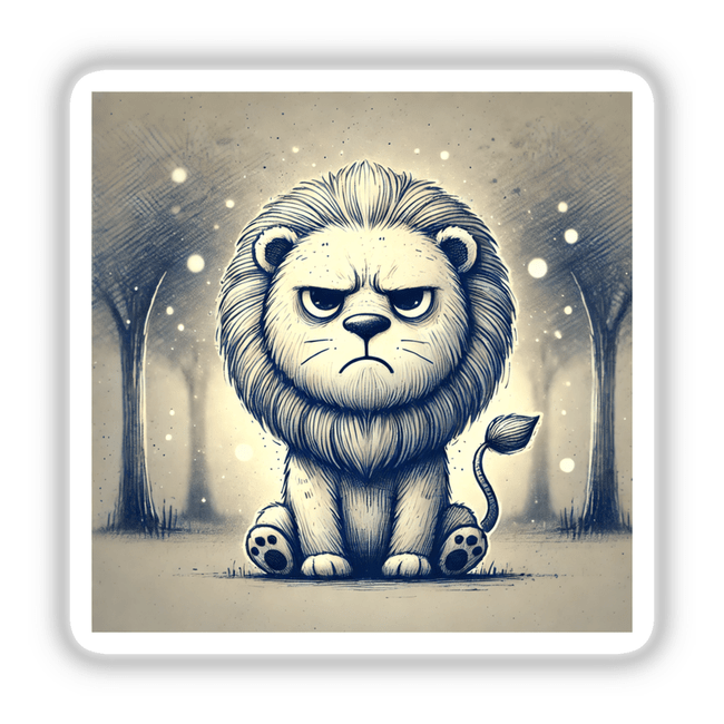 Grumpy Lion in the Forest: A cartoon lion with a grumpy expression sitting amid trees, available as stickers or digital artwork.