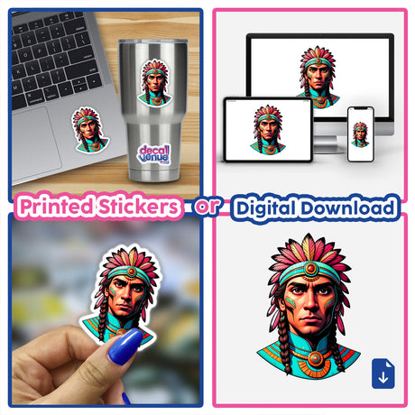 Collage showcasing A Native American Warrior Chief available as stickers or digital artwork, featuring designs applied on a laptop, cup, and more, highlighting intricate details and versatility.