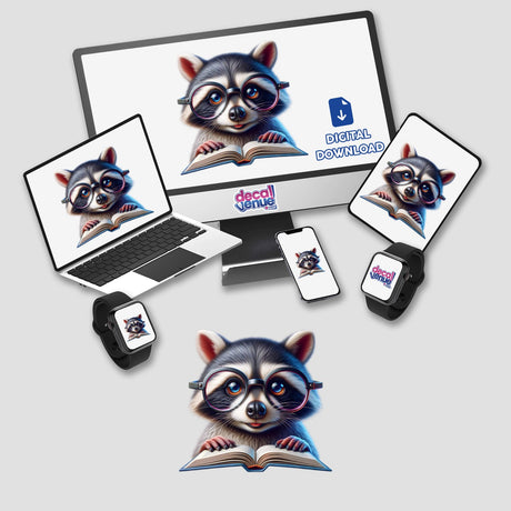 Raccoon With Reading Glasses Open Book featured on a laptop screen, showcasing a cartoon raccoon engrossed in a book, available as vinyl stickers or digital artwork from Decal Venue.