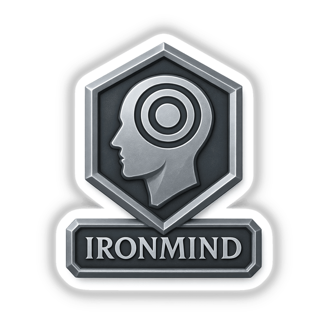 Ironmind – RPG-Style Skill Badge featuring a Silver Mental Focus Emblem, available as vinyl stickers or digital artwork, showcasing intricate RPG-style design elements for collectors or enthusiasts.